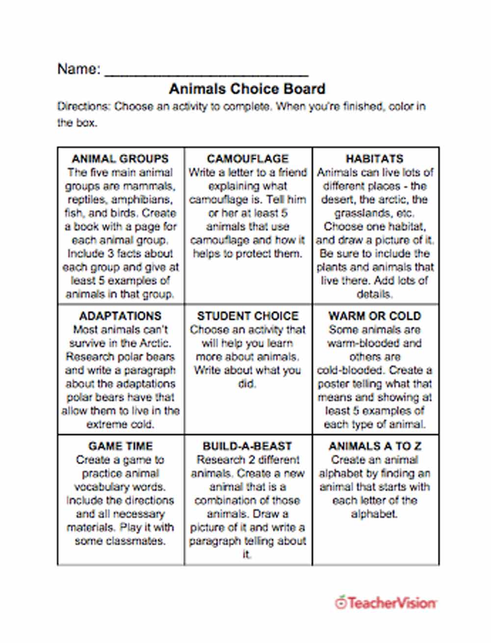 activities to support students to learn about animals 