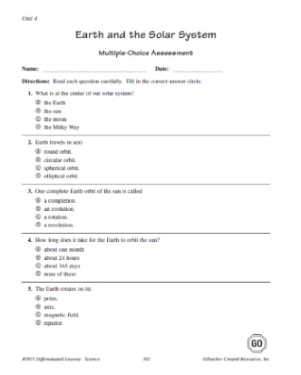 Solar System Multiple Choice Quiz Worksheet for 5th Grade Science