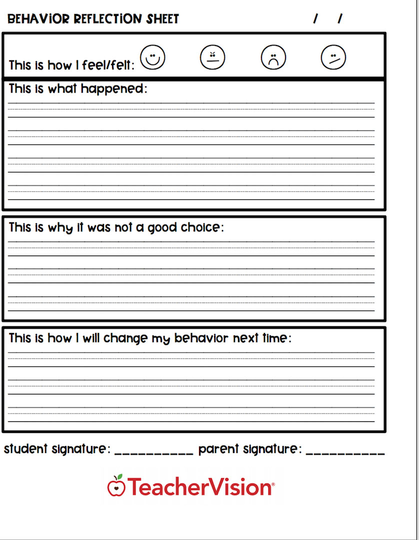 A graphic organizer for a student to reflect on his behavior.
