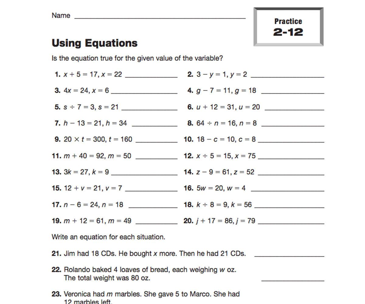 Using Equations Printable (20th - 20th Grade) - TeacherVision In Writing Algebraic Expressions Worksheet