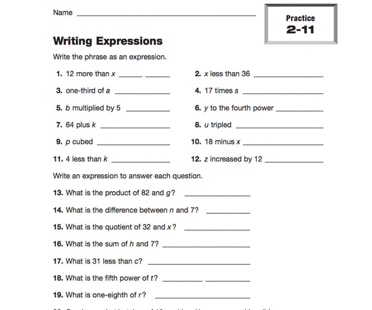 Algebra Worksheets Resources  TeacherVision With Equivalent Expressions Worksheet 6th Grade