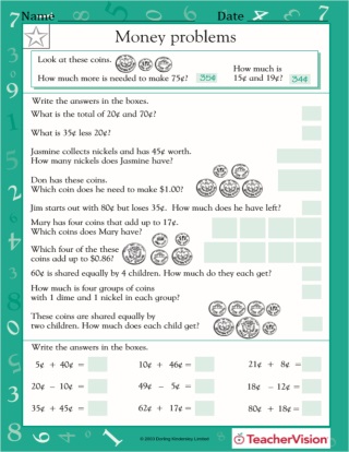 Money problems math worksheets