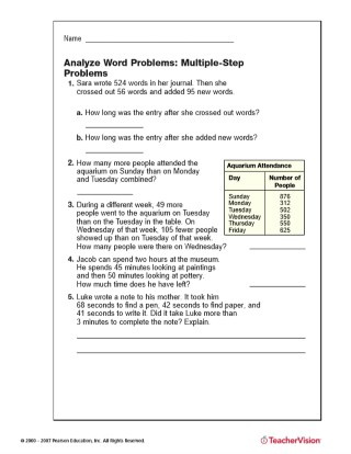 Multi-Step Addition and Subtraction World Problems for 4th Grade Math