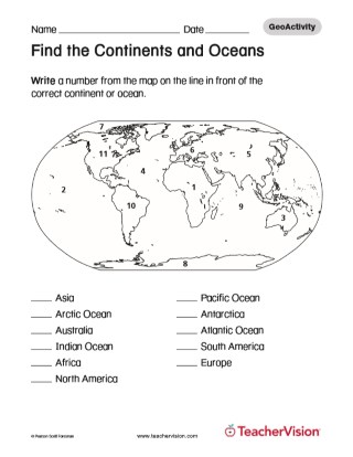 Find The Continents And Oceans Geography Printable 1st 8th Grade