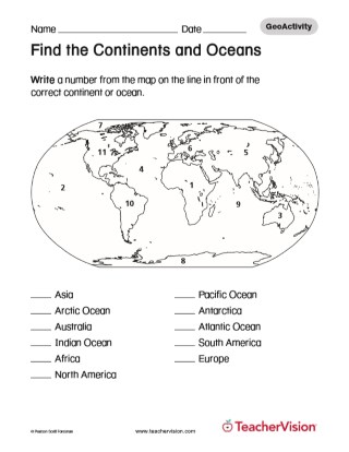 Find The Continents And Oceans Geography Printable 1st 8th Grade Teachervision