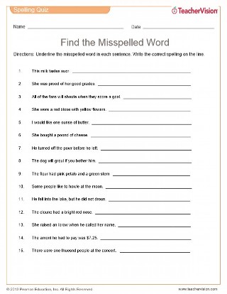 Find the Misspelled Words Quiz for Language Arts