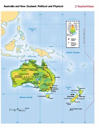 Full color political and physical map of Australia and New Zealand