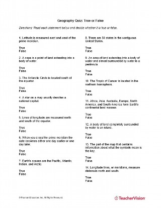 Geography Quiz True Or False Printable Grades 7 9 Teachervision