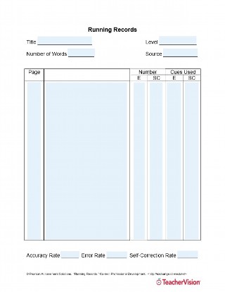 Running Records form for Running Records Lesson