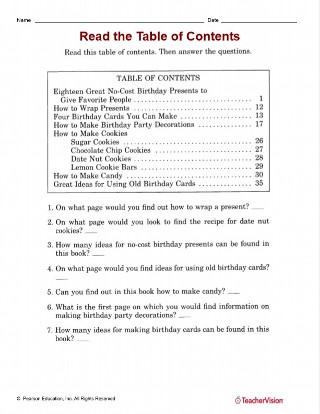 Table of Contents Reading Activity for library and Language Arts