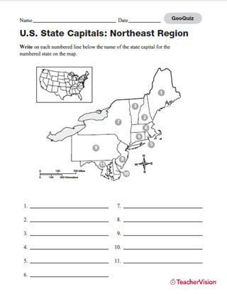 Geography Quiz Northeast U S State Capitals Printable 3rd 8th Grade Teachervision