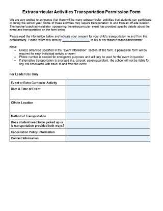 Editable Extracurricular Activities Transportation Permission Form