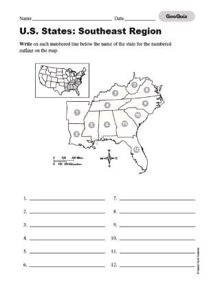 Quiz Southeast United States Printable 3rd 8th Grade