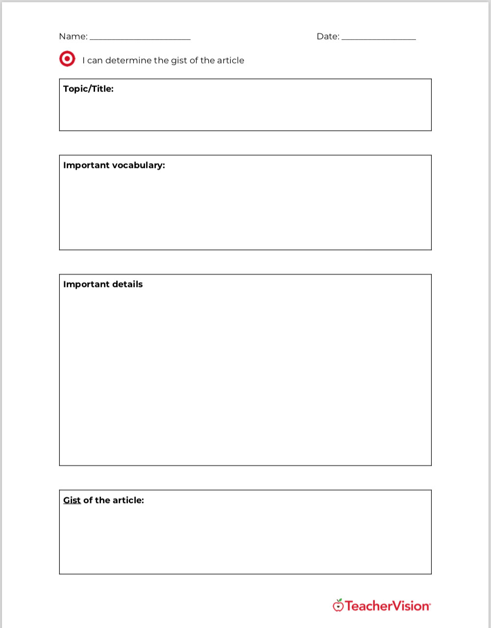 A graphic organizer for breaking down a research source 
