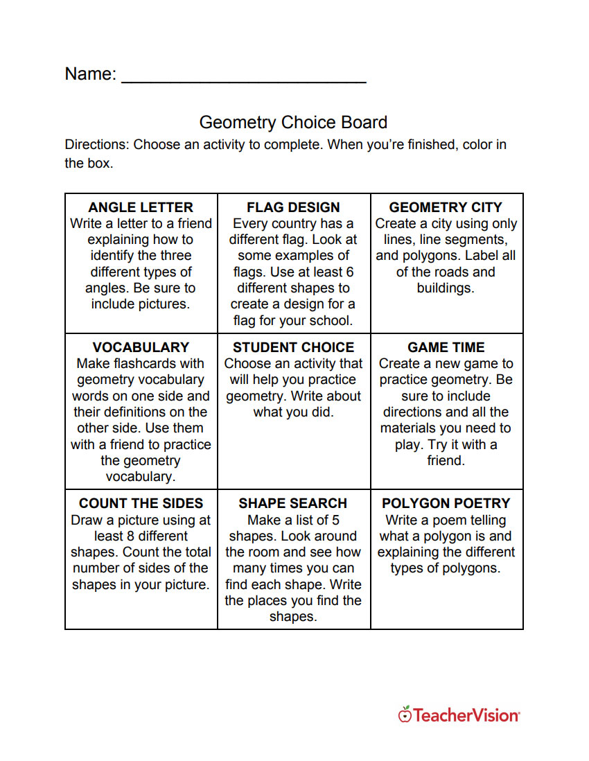 Three New Choice Boards For Your Math Classroom - TeacherVision