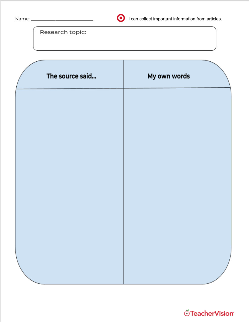 Research Notes Graphic Organizer - TeacherVision