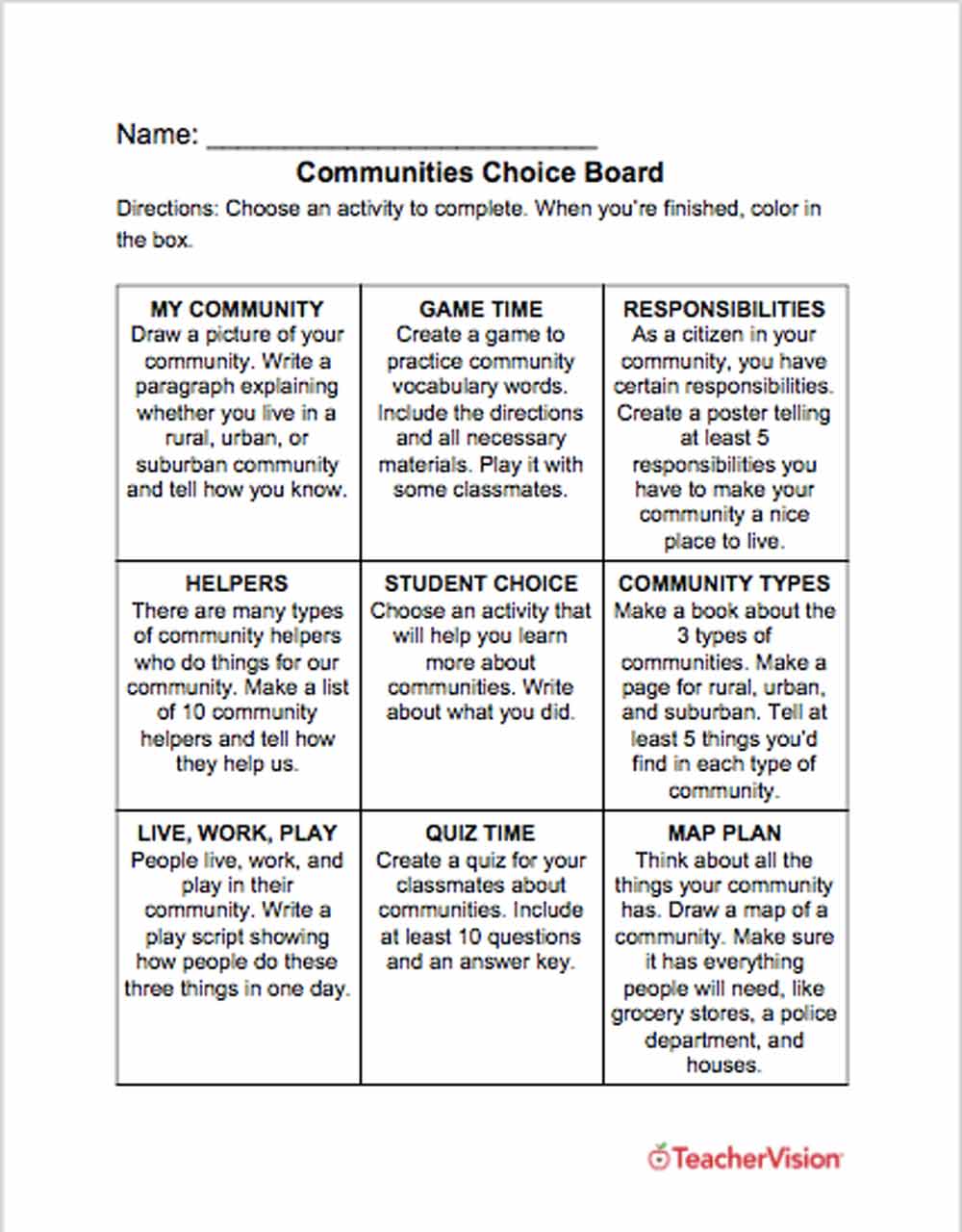 Activities to support students to learn about community 