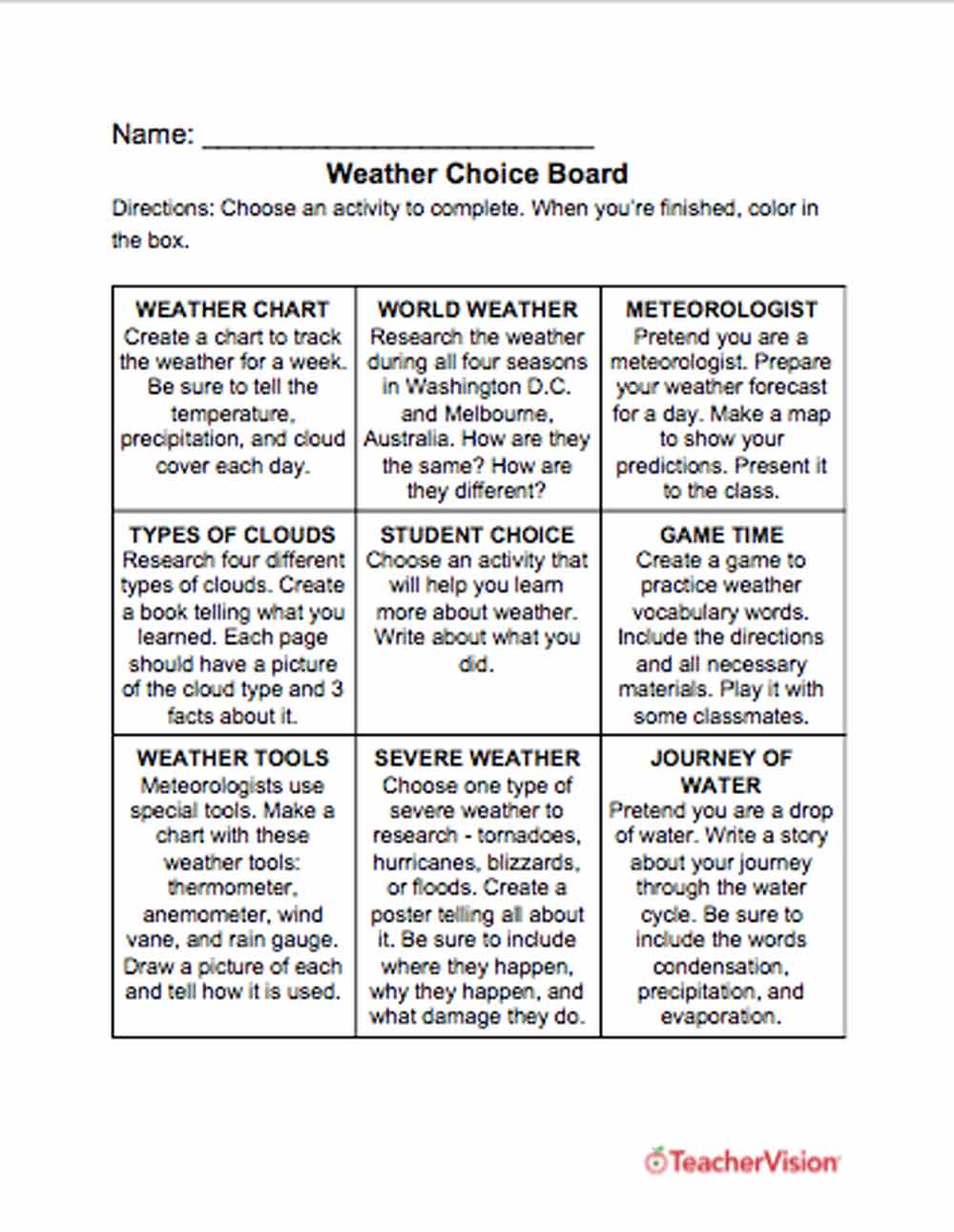 Weather Report Chart Worksheet