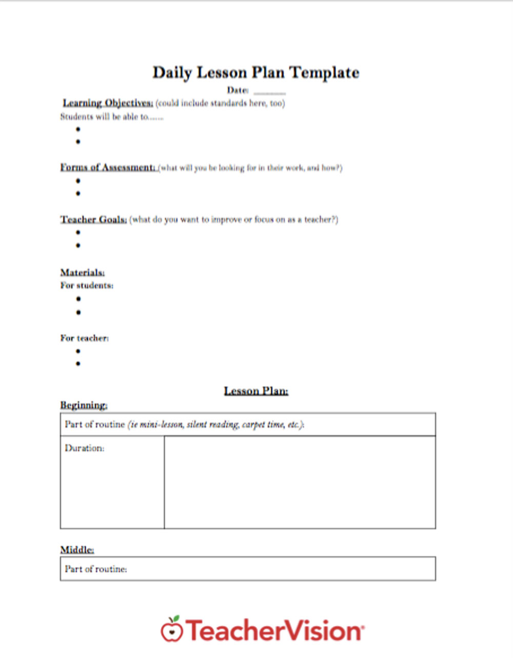 Daily Lesson Plan Template TeacherVision