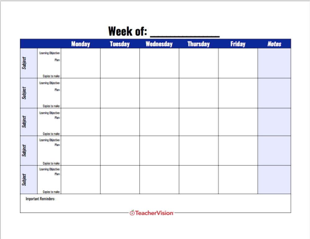 Weekly Lesson Planning Template TeacherVision