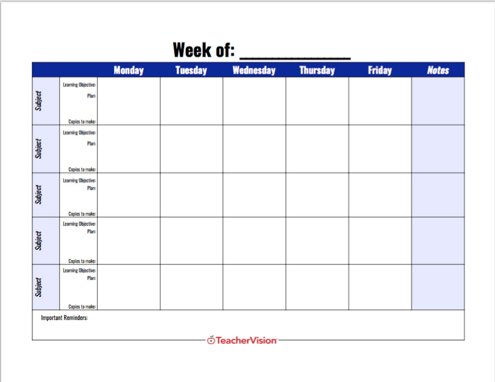 Weekly Lesson Plan Template TeacherVision