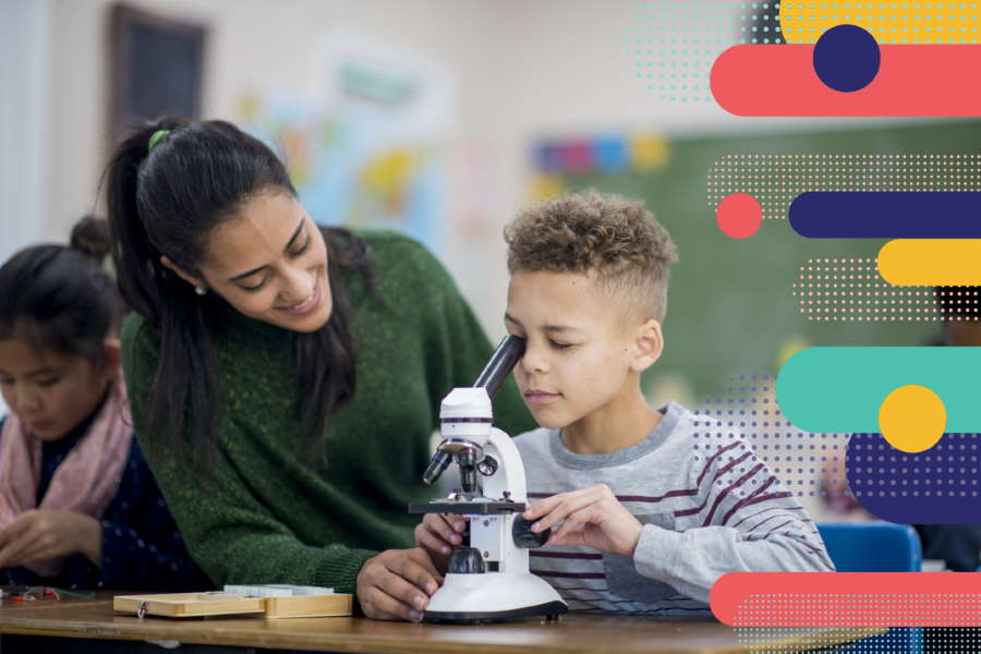 student and teacher participating in science activity