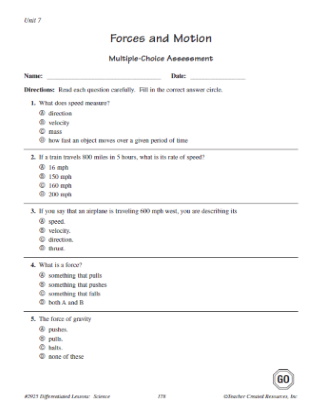 Forces and Motion Multiple Choice Quiz Worksheet for 5th Grade Science