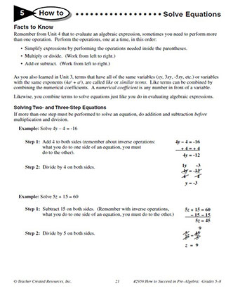 How to Solve Equations Worksheet for Grades 5 to 8 Math