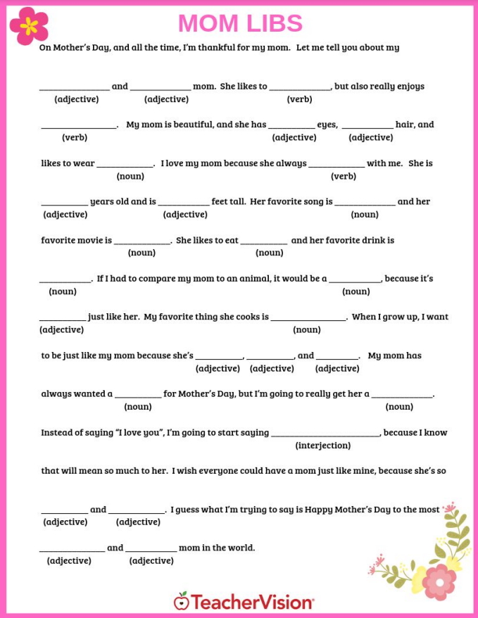 mother's day writing activity - mom libs