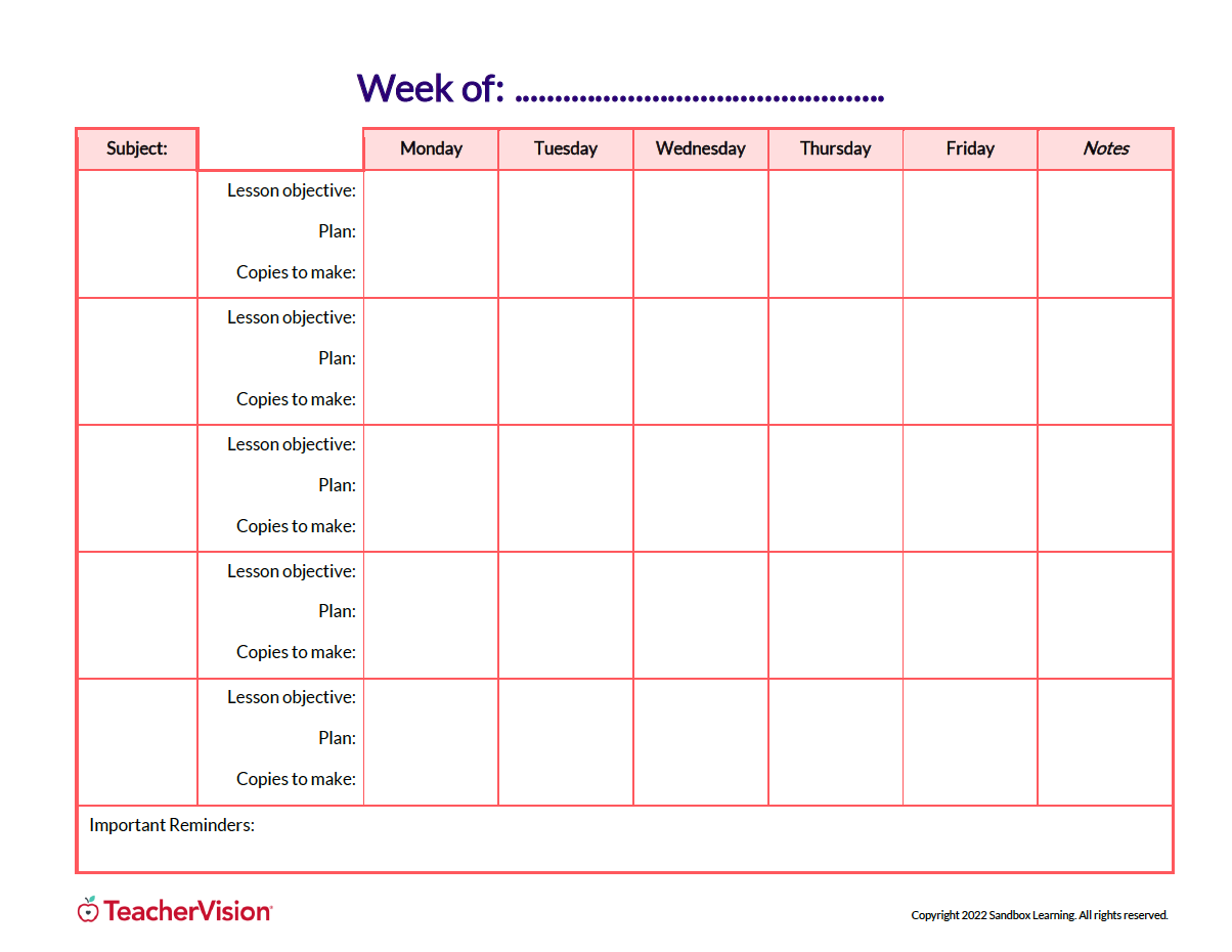 Weekly Lesson Plan Template