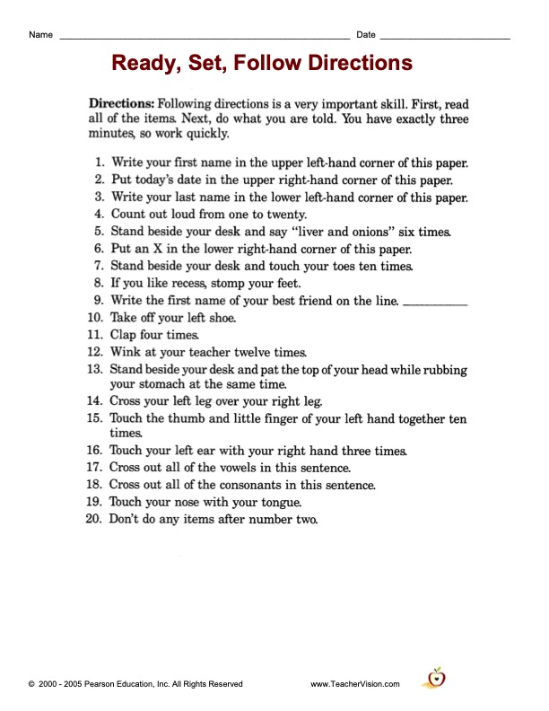 following directions worksheet