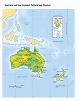 Political and Physical Map of Australia and New Zealand