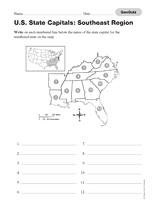 Geography Quiz Southeast U S State Capitals Printable 3rd 8th Grade Teachervision