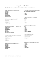 Geography Quiz The World Printable Grades 5 8 Teachervision