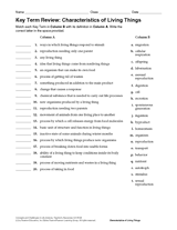 Science Key Term Review Characteristics Of Living Things Printable 6th 12th Grade Teachervision