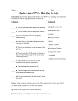 Quebec Act of 1774 Matching Activity
