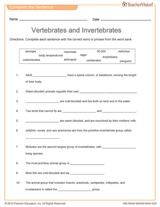 Vertebrates and Invertebrates Word Fill-In