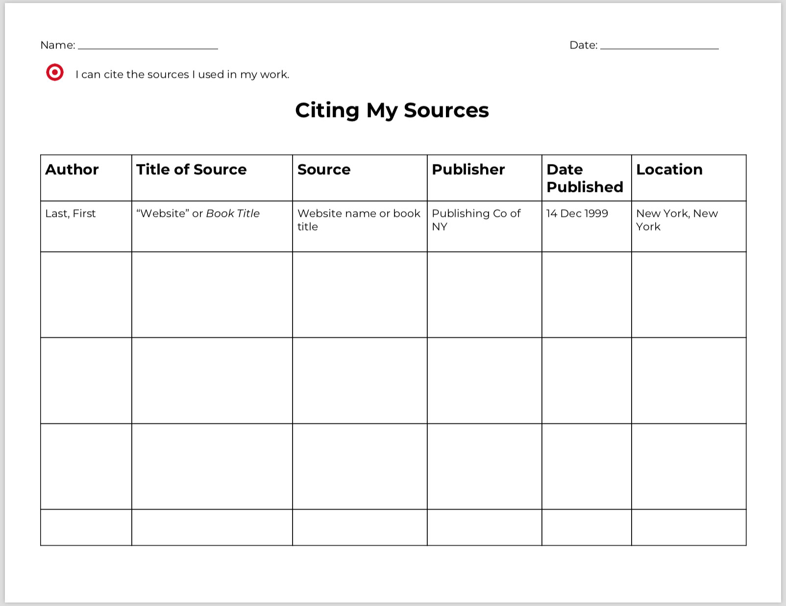 Organizer for citing sources
