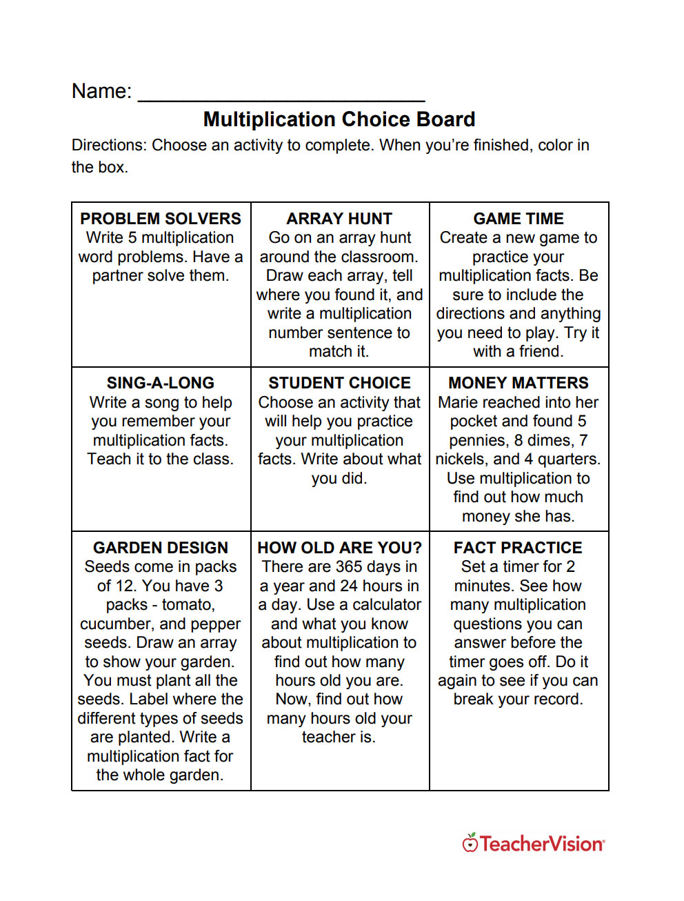 Nine multiplication activities 