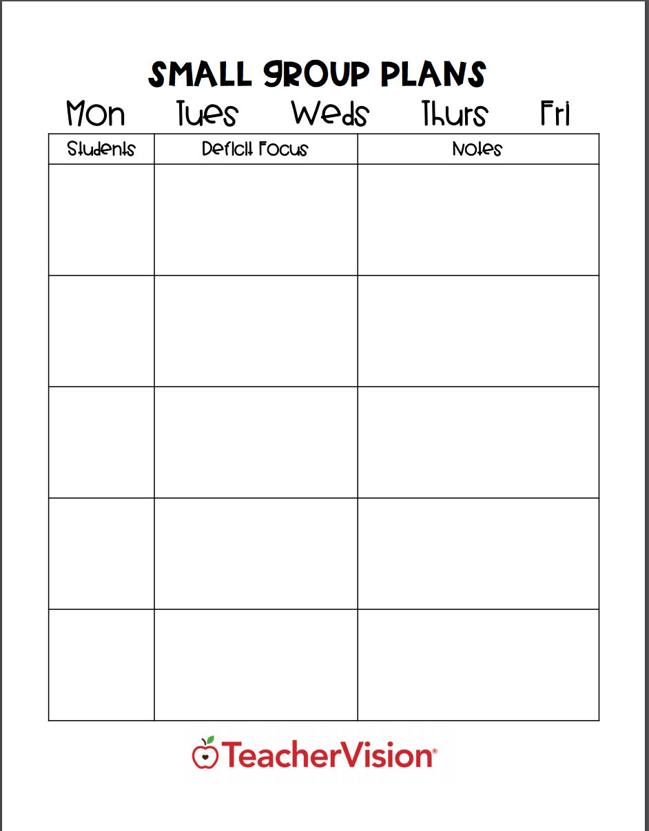 A graphic organizer for a teacher to document student behavior in small groups