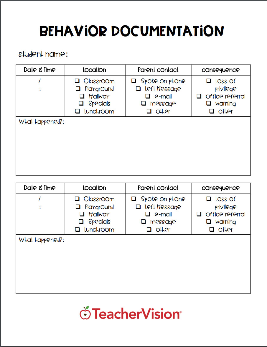 a graphic organizer for documenting student misbehavior