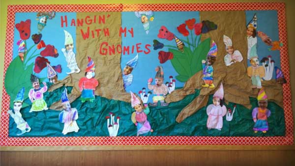 cute gnomes spring bulletin board idea