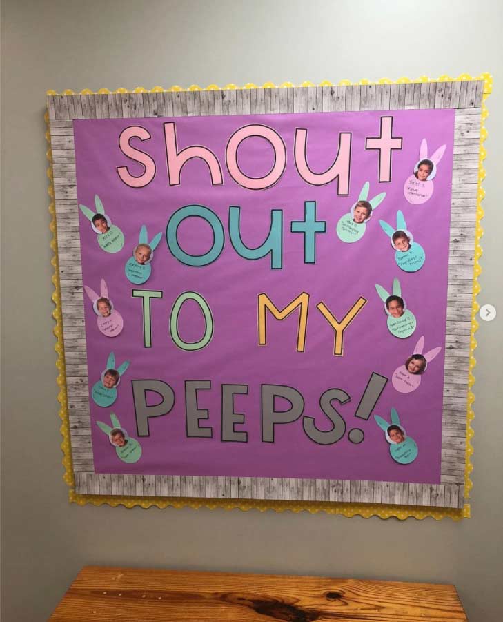 peep spring bulletin board idea