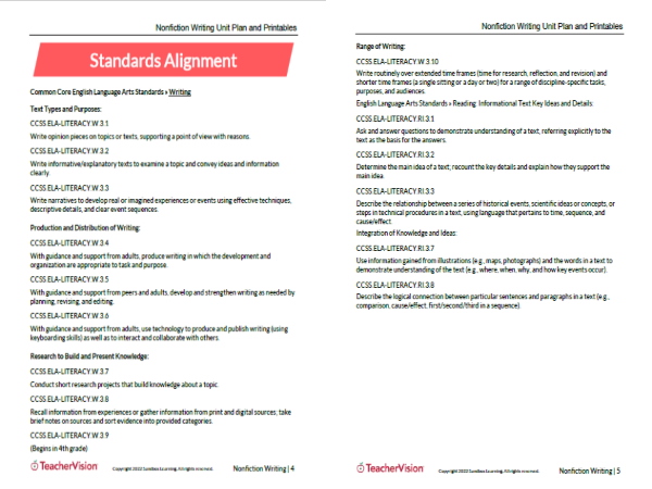 TeacherVision Grade 3 Nonfiction Unit Plan & Printables Sample