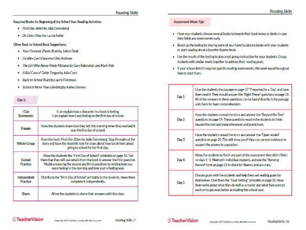 TeacherVision Reading Skills Unit Plan & Printables Sample