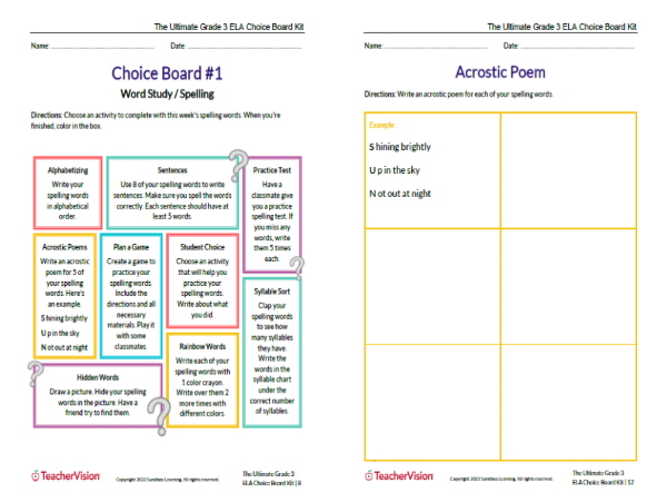 TeacherVision The Ultimate Grade 3 ELA Choice Board Kit Sample