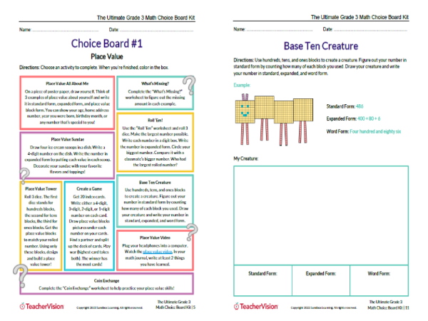 TeacherVision The Ultimate Grade 3 Math Choice Board Kit Sample