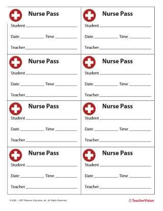 Nurse Office Pass (8 per sheet) from TeacherVision