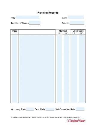 Running Records form for Running Records Lesson