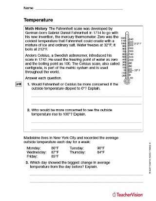 Temperature (Fahrenheit and Celsius) Printable for Grade 5